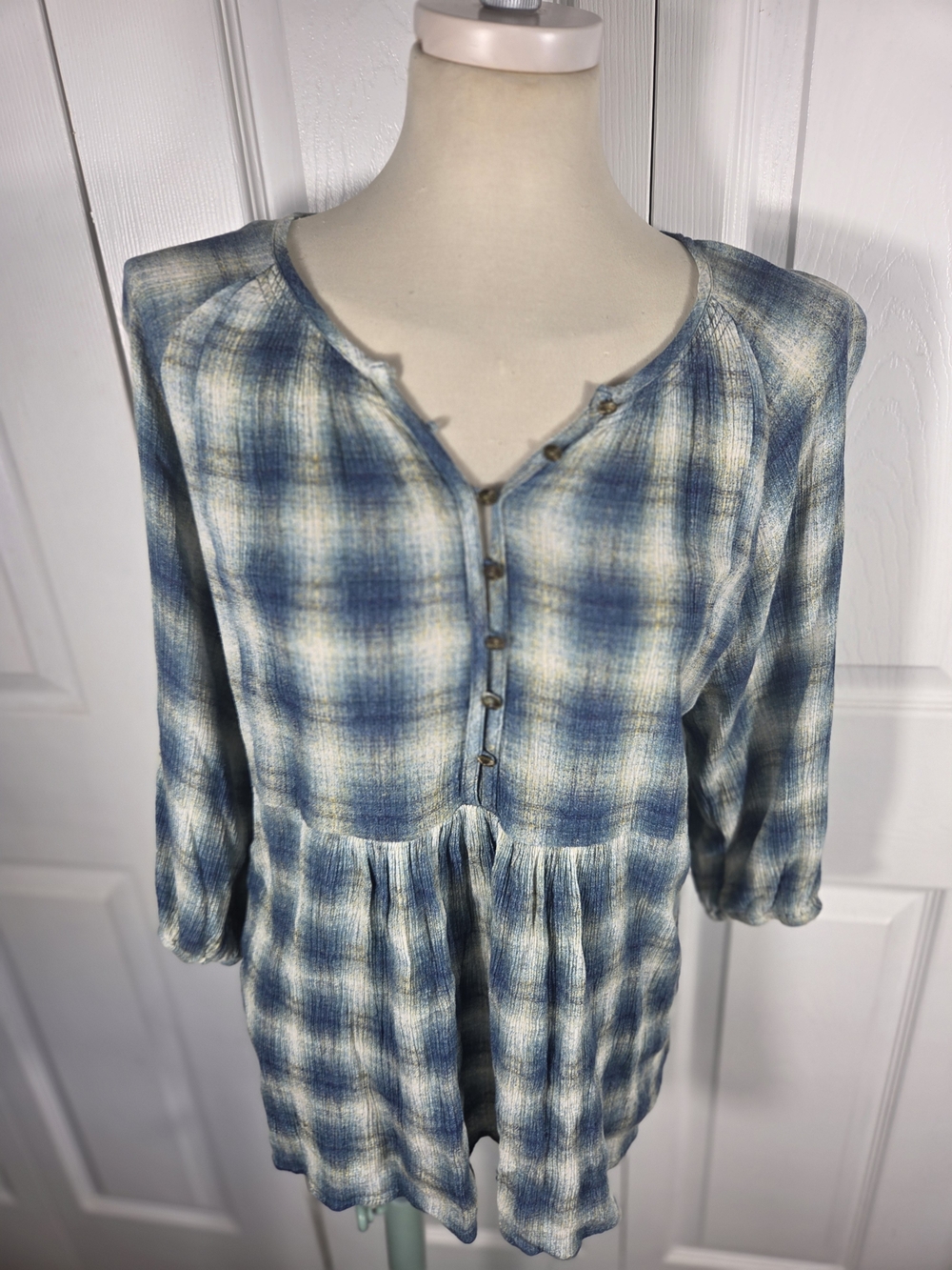 Maeve Anthropologie Plaid Peasant Tunic Top Medium Blue Cream Boho Babydoll - Picture 2 of 8